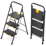 KINGRACK 3 Step Ladder, Sturdy Steel Step Stool with Safe-Lock Design, Handrail, Anti-Slip Wide Pedals, Pass 800lbs Load Testing, Folding Portable Ladder for Multi-Purpose, Home, Kitchen, Black