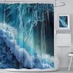 Shower Curtain Blue Mould Proof Resistant Waterproof 3D Ocean Waves Bathroom Curtains with 12 hooks Quick-Drying Weighted 180x180cm (71x71Inch) Polyester Shower Curtains for Bathroom Wet Room Tub