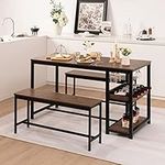 Giantex Dining Table Set for 4, 3-Piece 55” Kitchen Table Set w/ 2 Benches, Breakfast Table w/Wine Rack & Glass Holder, Space-Saving Dinette Set for Dining Room, Kitchen, Apartment (Rustic Coffee)