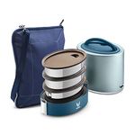 VAYA TYFFYN Lunch Box for Office for Men, with Polished Stainless Steel Containers with 3 Compartments, 1000ml Vacuum Insulated Tiffin Box with BagMat, Blue