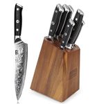 SHAN ZU Knife Set with Block, Damascus Kitchen Knife Sets 7-Piece Professional Knife Damascus Sets for Chef, Japanese High Carbon Super Steel 67 Layers Knife Block Set with G10 Handle