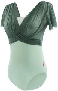 Dayance Green Women Leotards for Ballet, Flutter Sleeve Faux-2 Piece Dance Wear for Recitals