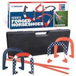 Triumph Patriotic Forged Horseshoe Set Complete with 4 Horseshoes, 2 Stakes and Hard Plastic Case with Locking Tabs for Transportation and Storage - Perfect Addition Parties and Outdoor Gatherings