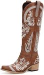Western Cowboy Boots for Women Embroidered Rhinestones Knee High Cowgirl Boots Pointed Toe Chunky Heel Fashion Retro Classic Tall Boot, Brown, 9