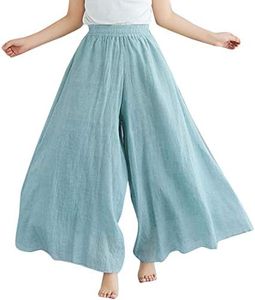 Flygo Women's Pull-On Elastic Waist Wide Leg Linen Pant Palazzo Pants Culottes (Length - 85CM, Light Green)