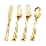 BESTVIP 60PCS Gold Plastic Silverware, Gold Disposable Utensils, Heavy Duty Cutlery Set of 30 Gold Forks, 15 Gold Spoons, 15 Gold Knives for Parties, Weddings, Catering and Daily Use