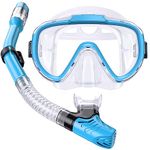 Seovediary Kids Snorkel Set, Dry Top Snorkel Mask Anti-Leak Snorkeling Gear with Carrying Bag, Panoramic Tempered Glass Swimming Diving Goggles for Youth Junior Child