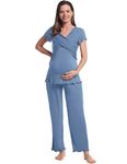 Amorbella Women Nursing Pyjama Set Short Sleeve Tops Long Pants Summer Night Sweat Maternity Pregnancy Labor Breastfeeding Postpartum Jammies Sets (Dusty Blue, XXL)