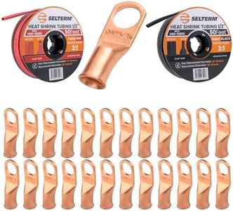 SELTERM 25pcs 4 AWG 3/8" Battery Lugs with 1/2" 50ft Black & Red Marine Grade Heat Shrink Tubing Roll, 3:1 Dual Wall Adhesive, Heavy Duty Bare Copper Wire Connectors for Battery Cable Ends & Terminals