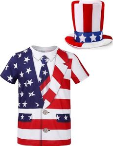 Funny World Mens 4th of July Outfit Uncle Sam Costume American Flag Shirt with Patriotic Top Hat, Red/White Costume Set, XX-Large