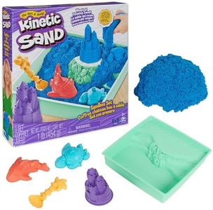 Kinetic Sand Sandbox Set, 1lb Blue Play Sand, Sandbox Storage, 4 Molds and Tools, Sensory Toys for Kids Ages 3+