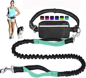 Hands Free Dog Leash for Running Walking Training Hiking, Dual-Handle Reflective Bungee, Poop Bag Dispenser Pouch, Adjustable Waist Belt, Shock Absorbing, Ideal for Medium to Large Dogs, Black/Teal