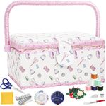 Dicunoy Sewing Box with Accessories, Large Sewing Kit Storage and Organizer Case, Vintage Wooden Sewing Baskets with Removable Tray for Adults, Sewing Mending, Beginner, Professional, Floral Print