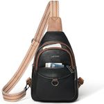 LATMAP 7L Sling Bag for Women Men Crossbody Belt Bag Small Travel Sling Backpack Anti Theft Chest Daypack Purse Faux Leather,Black with Brown