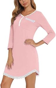 Yukiuiny Maglie Pigiama con Pizzo da Donna, Camicie da Notte in Cotone, Comodo Abbigliamento da Notte per Tutte Stagione,3/4 Maniche-Rosa/S