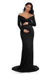 ZIUMUDY Maternity Fitted Gown V Neck Ruched Off Shoulder Long Sleeve Maxi Photography Dress (Black, Small)