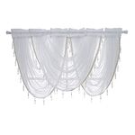 ANCLLO 3 Panels White Solid Waterfall Valance Window Curtain Linen Texture Rod Pocket with Tassel Accessories for Living and Bedroom Curtain 145 x 94cm