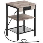 HOOBRO Side Table with Charging Station and USB Ports, 3-Tier Nightstand with Adjustable Shelves, End Table for Small Space, Living Room, Bedroom and Balcony, Greige and Black BG112BZ01