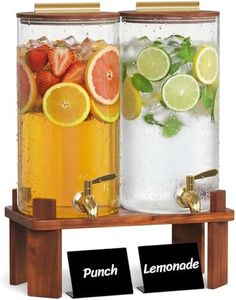 Lifewit 1.5 Gallon Drink Dispenser for Parties, Glass Beverage Container with Wood Stand for Juice/Tea/Soda & Lemonade, Water Pitcher with Leakproof Stainless Steel Spigot for Mimosa Bar Hosting 2 Pcs