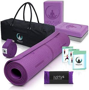 NOLAVA 7 Piece Yoga MAT Set - Yoga Mat Bag for Yoga Accessories|TPE thick Yoga Mat | Yoga Blocks 2 Pack | Yoga Strap |Weighted Lavender Eye Pillow| Yoga Cards| Ideal for Yoga Beginners