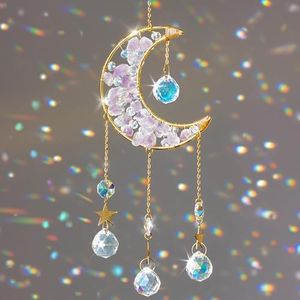 Decozion Crystal Suncatcher with Moon Shaped Amethyst Stones - Sparkling Sun Catchers Indoor Window - Rainbow Maker Suncatcher for Window - Protective Crystal Catcher - Sun Catchers with Crystals