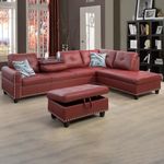 3-Piece Faux Leather L-Shaped Sectional Sofas, Button Tufted Upholstered Couches with Right Chaise Lounge and Storage Ottoman, Modular Living Room Set, 97 in, Foldable Console and Cup Holder (Red)