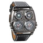 Avaner Mens Punk Unique Big Face Analog Dual Time Quartz Business Casual Watch with Decorative Compass and Thermometer Dial Black Leather Strap