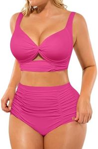 SHAPELLX Women Tummy Control 2 Piece Swimsuits Push Up Bikini High Waisted Ruched Bathing Suit Twist Front V Neck Bikini Sets Adjustable (Pink, XXL)