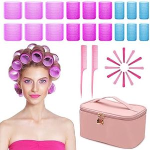 BlueFire 34 Pcs Hair Rollers with Makeup Carrying Case-18 Self Grip Velcro Hair Rollers with 12 Clips, 2 Tail Combs, 1 Hair Braider, Self Grip Hair Curlers for Bangs/Long/Medium Hair(Pink Makeup Bag)