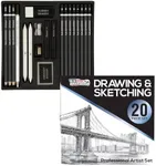 U.S. Art Supply 20 Piece Professional Hi-Quality Artist Sketch Set in Hard Storage Case - Sketch & Charcoal Pencils, Pastel, Stumps, Eraser, Sharpeners