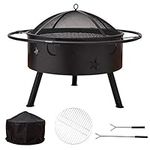 Sundale Outdoor Fire Pits Outdoor Wood Burning Large Fireplace, 32 Inch Steel Round Firepit Bowl with BBQ Grill, Cooking Grate, Spark Screen, Fire Poker, Cover, Portable Fire Pit for Outside Black