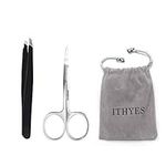 Ithyes Complete Tweezer Set 2 PCS Slant Tip Tweezer Stainless Steel Tweezers Eyebrow Trimmer Scissor for Shape Precision Ingrown Hair Nose Hair Blackhead Tick Remover,Black