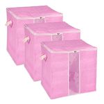 uxcell Clothes Storage Bag 3pcs, Closet Organizer with Reinforced Handle for Comforters, Bedding, Blankets, Clothing, Pillows, Foldable with Sturdy Zipper-Pink