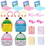 20 Pieces Dollhouse School Accessories Doll Backpack Set Doll Travel Supplies Include Mini Laptop Scene Simulation Backpack Bag with Zipper Mini Headsets Toy Sunglasses Mini Book for 1/12 1/6 Scale