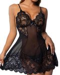 CheChury Sexy Lingerie for Women sets Babydoll for Women Lace Dress with Thong Nightwear V Neck Nightgown Mesh Sleepwear Set,Black,S