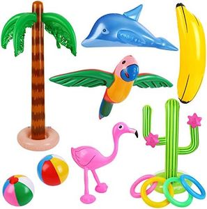 Ruisita Hawaiian Party Inflatable Toy Set Cactus with 8 Loops Palm Tree Flamingo Wingless Parrot 2 Pieces Beach Ball Dolphin Banana for Swimming Pool Beach Luau Fiesta Party Decor