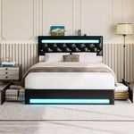 LIKIMIO Full Size Bed Frame with LED Light, PU Leather Platform Bed Frame with 4 drawers, Adjustable Crystal Button Tufted Headboard, No Box Spring Needed, Black