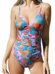 CUPSHE Women Swimsuit One Piece V Neck Tummy Control Ruched Front Low Back Bathing Suit Swimwear Boho Paisley Print M