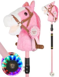 UEGHNS Pink Stick Horse, Adjustable Height Plush Hobby Horse Stick Toy for Girls with Flashing Wheels & Realistic Neigh Sounds Birthday Gift Riding Pretend Play Toy Ages 4+