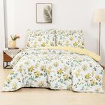 Lasoftan Floral Printed Full Size Bed Sheets and Comforter Set, Lightweight 7 Piece Bed in A Bag Double Comforter Set for Women Girls, Green Leaves and Yellow Flower Pattern Farmhouse Bedding Set