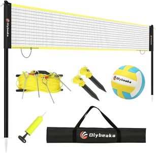 Olybeaka Portable Outdoor Volleyball Net with Iron Adjustable Height Poles, Professional Volleyball Net Set System 32ft with Scoring Clamps for Park, Beach, Lawn (Black)