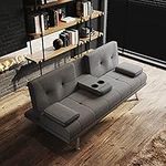 ELEGANT Modern Dark Gray Fabric Sofa Bed with 2 Cup Holders&Removable Pillow Fireproof Sponge Recliner Sleeper for Living Room Guest Room, 1820x830x790mm