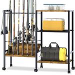 Azheruol Fishing Rod Rack Fishing Equipment Organizers With Wheels, Metal Fishing Gear Shelf Up To 12 Rods, Fishing Rod Holders Fishing Pole Storage Cart For Garage Home Entryway Corner