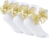 Yepami 3 Pairs Girls Ruffle Socks Big Double Lace Frilly Trim Dress Socks (Gold, Small)