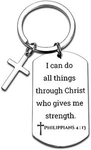 GiftYou Philippians 4:13 Inspirational Scripture Metal Key Chains with Cross Pendant - Bible Verse Keychain and Religious Gift for Christian (Philippians 4:13)