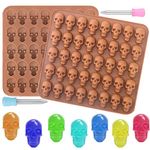 2 Pcs Gummy Skull Candy Molds Silicone Mini Skull Molds 3D Gummie Skull Molds Sugar Mold Skull Chocolate Mold 40 Cavity Non-Stick Candies Mold for Chocolate Cookie Jello Ice Cube With 2 Dropper(Brown)