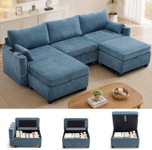 VBONDA 110" Modular Sectional Couch with Storage Seat & Ottoman,3 Seater U Shaped Deep Seat Sofa with USB Charging Port and Cupholder for Living Room,Blue