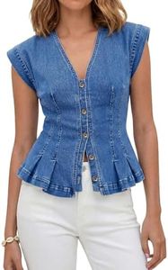 Tankaneo Womens V Neck Denim Vests Tops Trendy Summer Casual Button Down Y2k Fitted Pleated Sleeveless Jean Tops