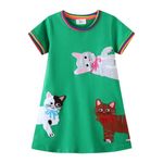 RETSUGO Little Girls A-Line Dress Cute Unicorn Rainbow Pattern Short Sleeve Casual Toddler Girl Dresses for Party 1-8 Years, Green Cat, 6 Years