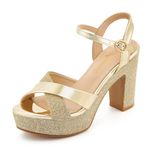 Hingswink Womens Sparkly Platform Dress Sandals for Women Chunky Block Heel 3.8 Inch High Heels Open Toe with Strap for Women Comfortable Sexy Dressy Prom Wedding Party Evening Shoes, gold7.5